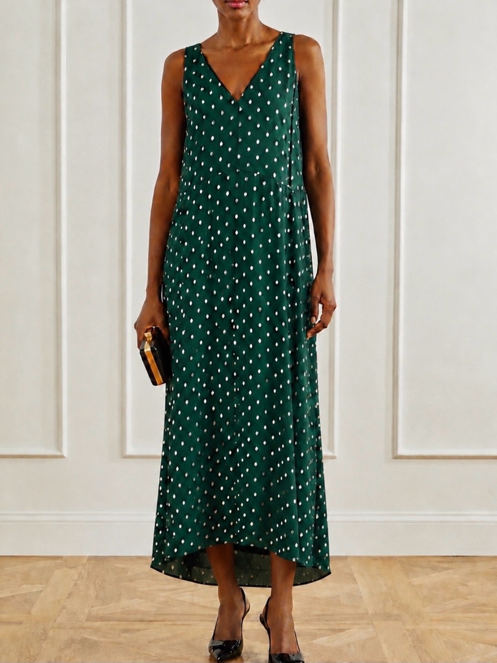TED BAKER Emerald Green Metallic Polka Dot High Low Midi Dress Size 2